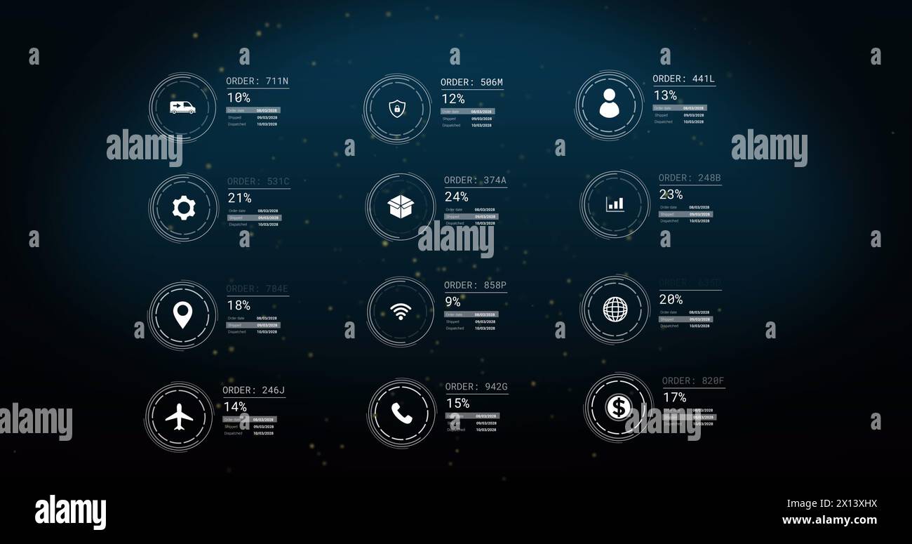 Image of icons with data processing over light spots on black ...