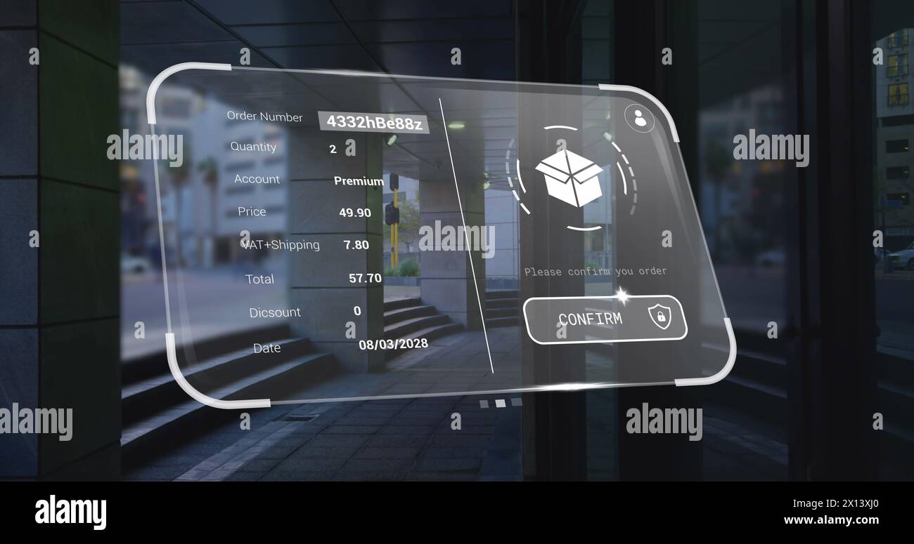 Image of digital interface with data processing over cityscape Stock Photo