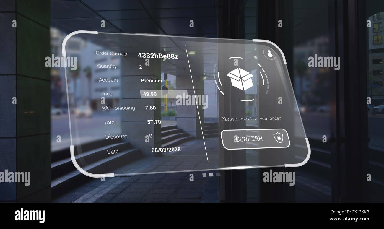 Image of digital interface with data processing over cityscape Stock Photo