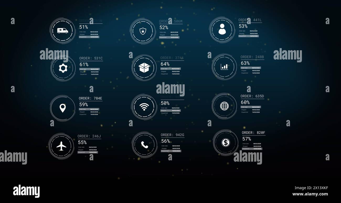 Image of icons with data processing over light spots on black background Stock Photo