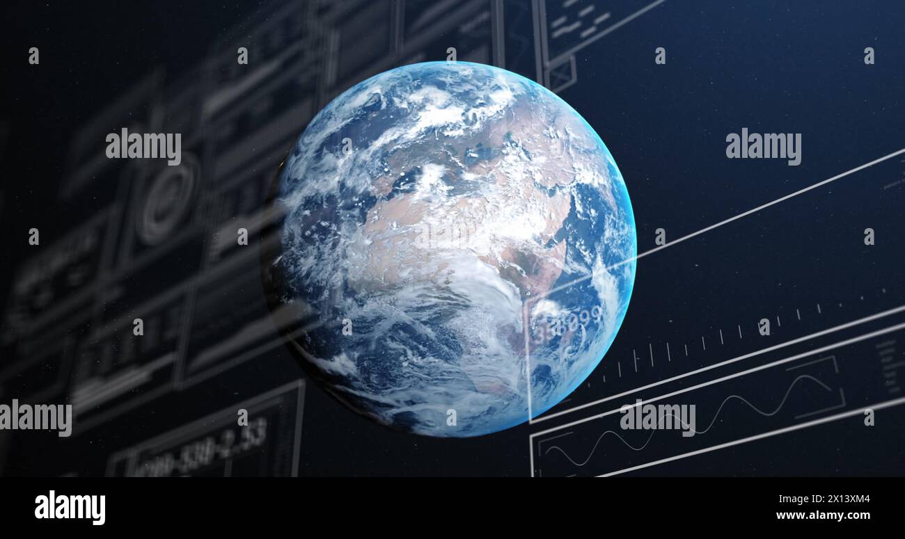 Image of multiple graphs, loading circles and bars with changing numbers over rotating globe Stock Photo