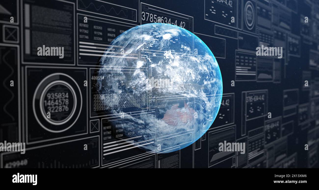 Image of multiple graphs, loading circles and bars with changing numbers over rotating globe Stock Photo