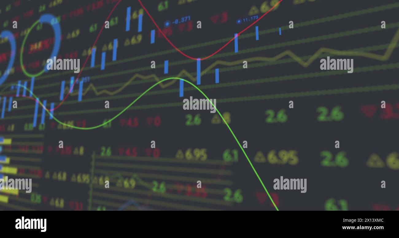 Image of statistical and stock market data processing against grey background Stock Photo