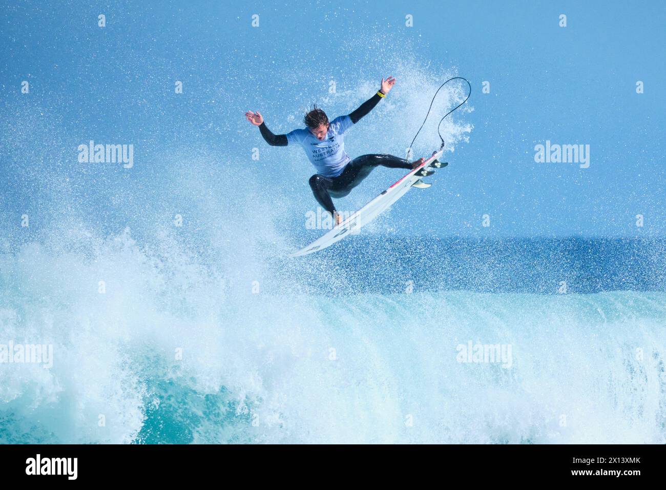 Australian pro surfer Reef Heazlewood competing at the 2024 Margaret River Pro surfing event at Surfer's Point, Prevelly, Western Australia. Stock Photo