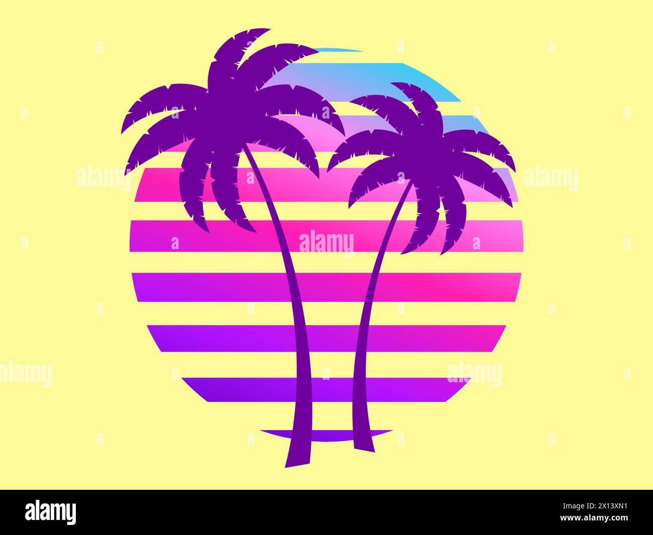 Silhouettes of palm trees against a retro futuristic sun background. Palm trees against a background of gradient sun in synthetic and retrowave styles Stock Vector