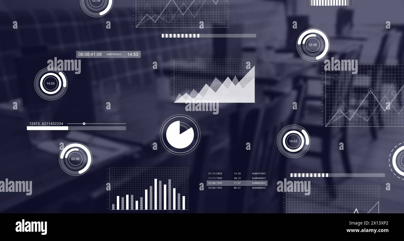Image of interface with statistical data processing against empty cafe at office Stock Photo