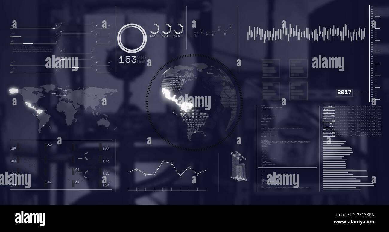 Image of interface with spinning globe and data processing against ...
