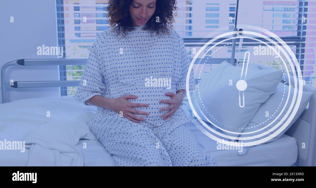 Fast moving clock over happy pregnant biracial woman rubbing belly in