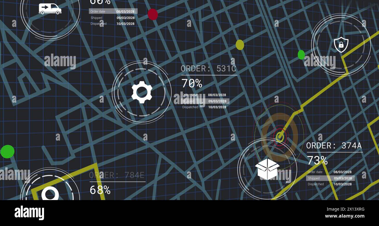 Image of icons with data processing over city map Stock Photo - Alamy