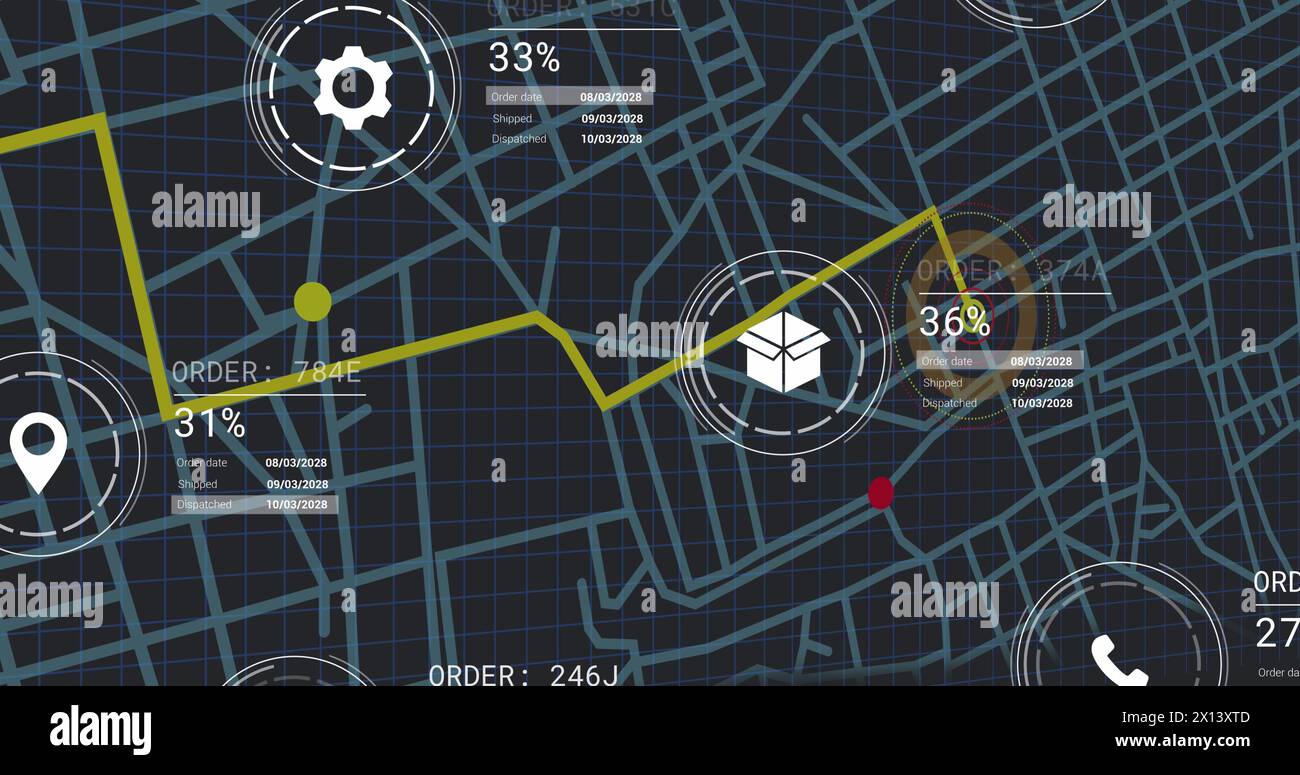 Image of icons with data processing over city map Stock Photo - Alamy
