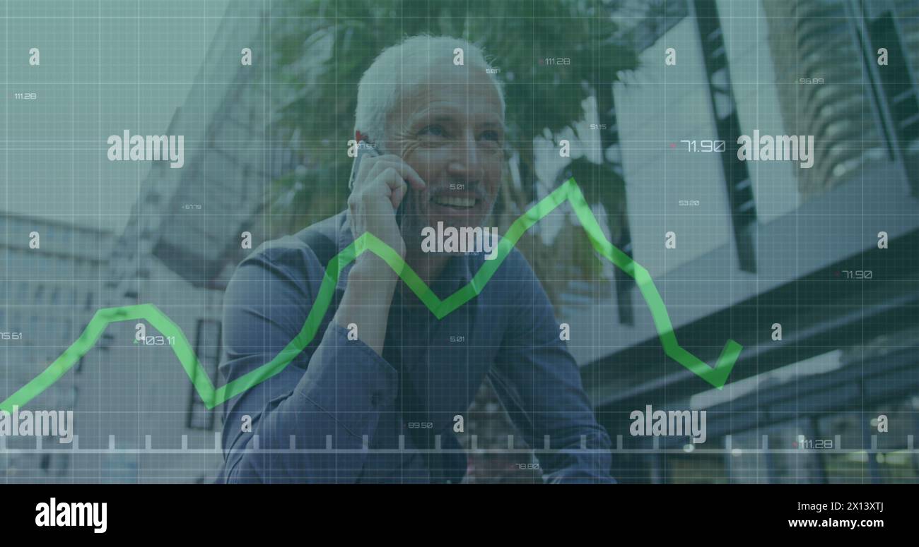 Image of financial data processing over caucasian man using smartphone Stock Photo