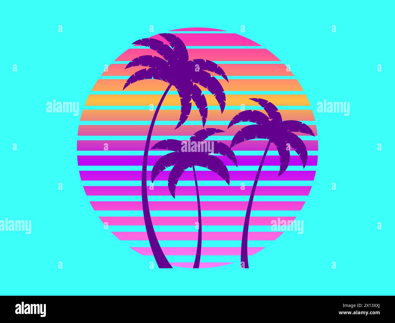 Silhouettes of palm trees against a retro futuristic sun background ...