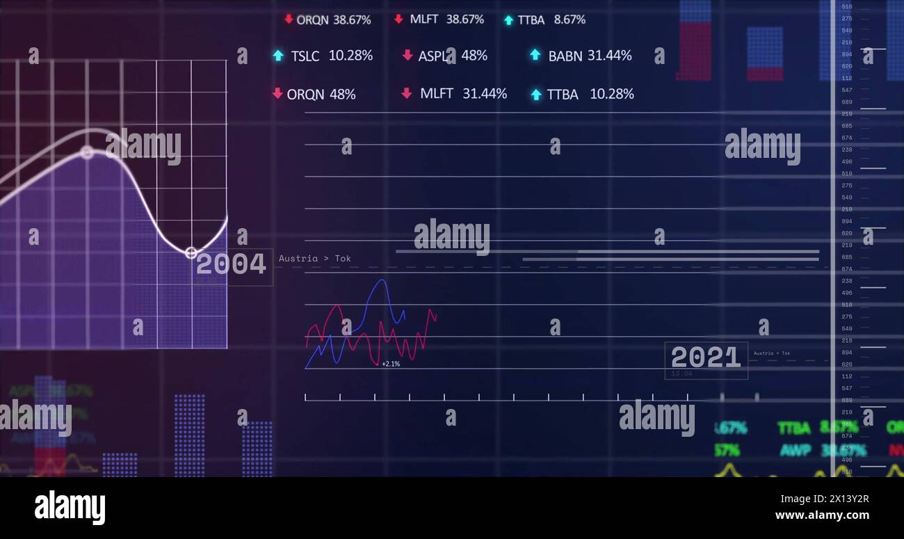 Image of financial data processing on black background Stock Photo