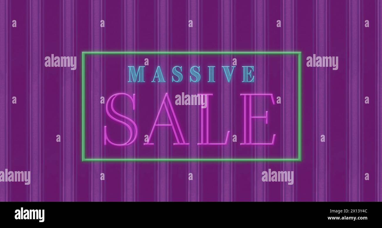 Digitally animated of massive sale text in a rectangle sparking in blue and pink against a purple cu Stock Photo