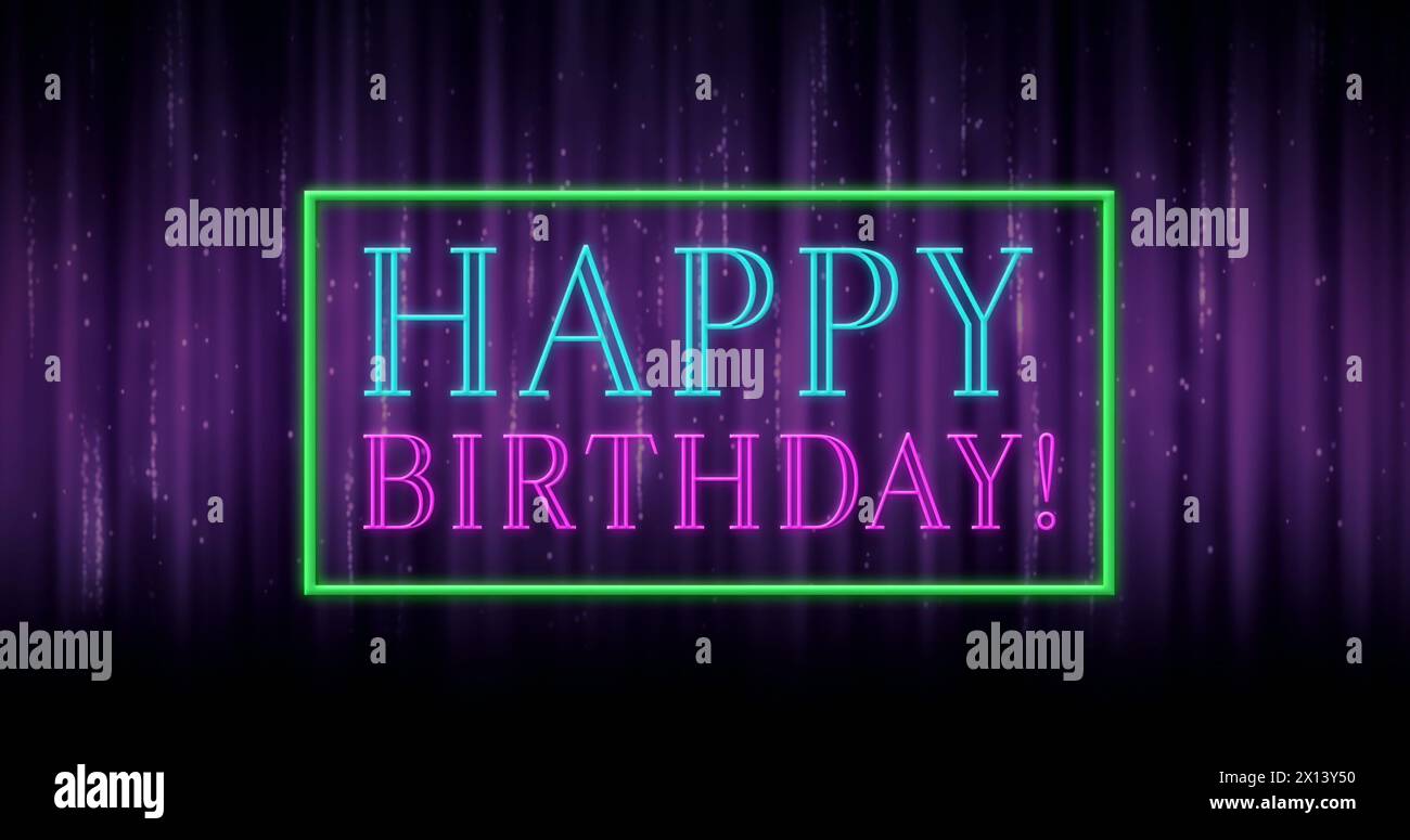 Digitally animated of happy birthday text in a rectangle sparking against purple curtain 4k Stock Photo