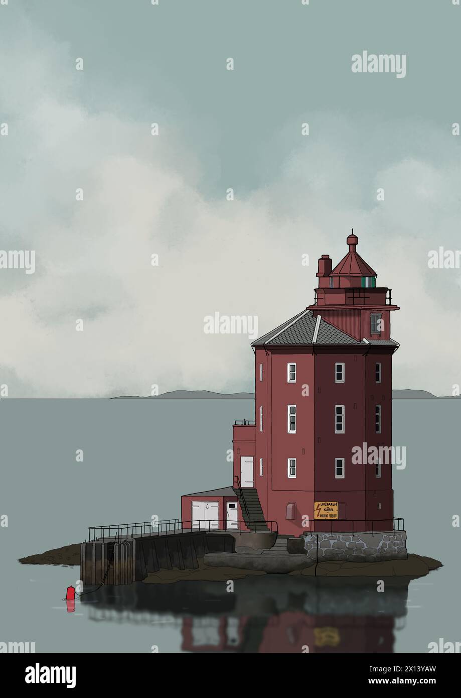 Illustration of the Kjeungskjær fyr lighthouse off the Norwegian coast ...