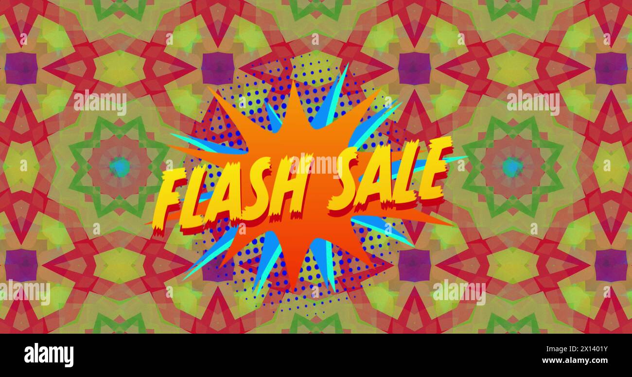 Image of the words Flash Sale in yellow on orange star over kaleidoscopic colourful red, green and p Stock Photo