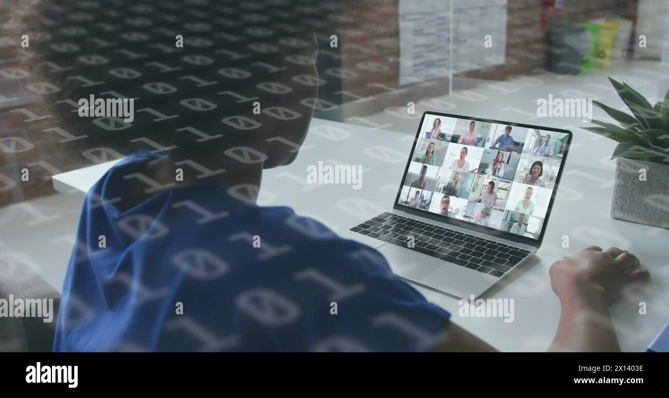 Image of binary coding over diverse business people having image call Stock Photo