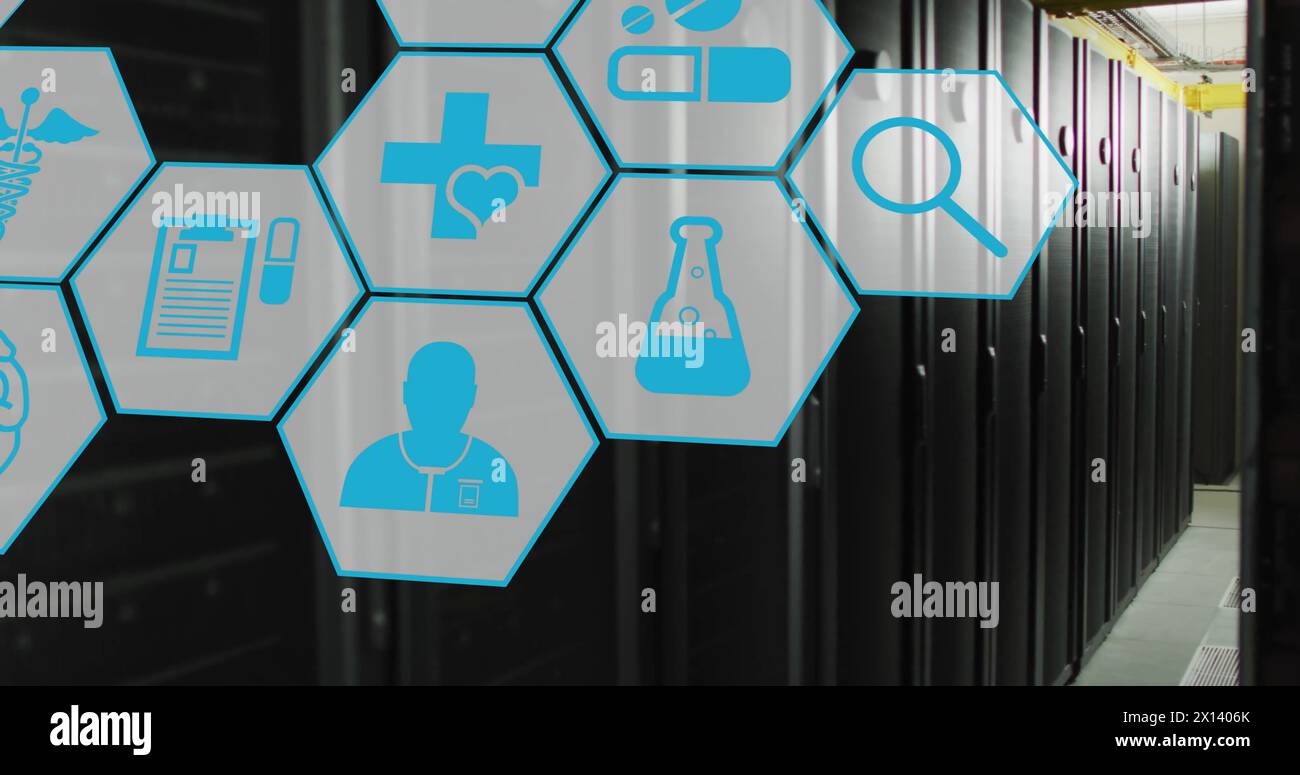 Image of network of medical icons and data processing over computer ...