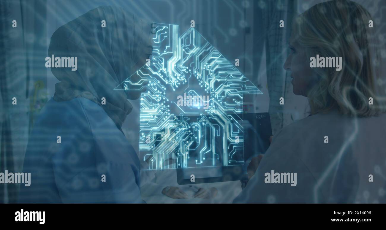 Image of computer circuit board house over diverse female doctors Stock Photo