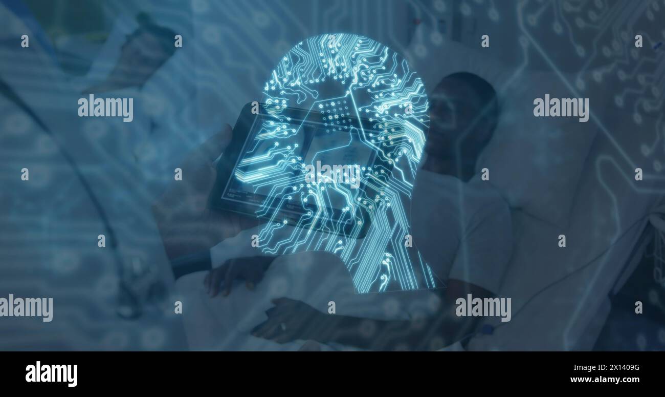 Image of computer circuit board head over caucasian male doctor with ...
