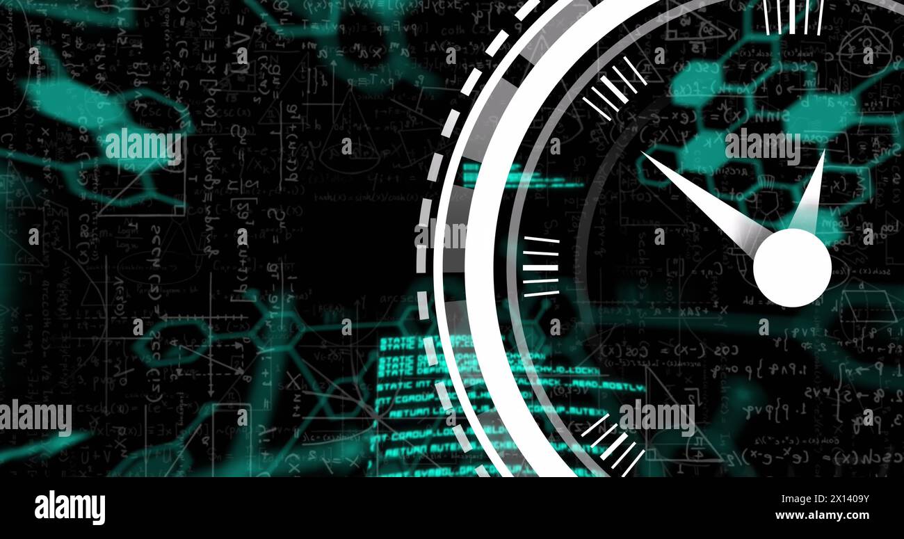 Image of clock moving over scientific data on black background Stock Photo