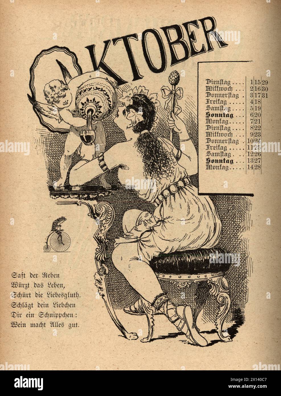 Vintage cartoon for the month of October, woman drinking, cupid pouring, Love, German, 19th Century, 1889 Stock Photo