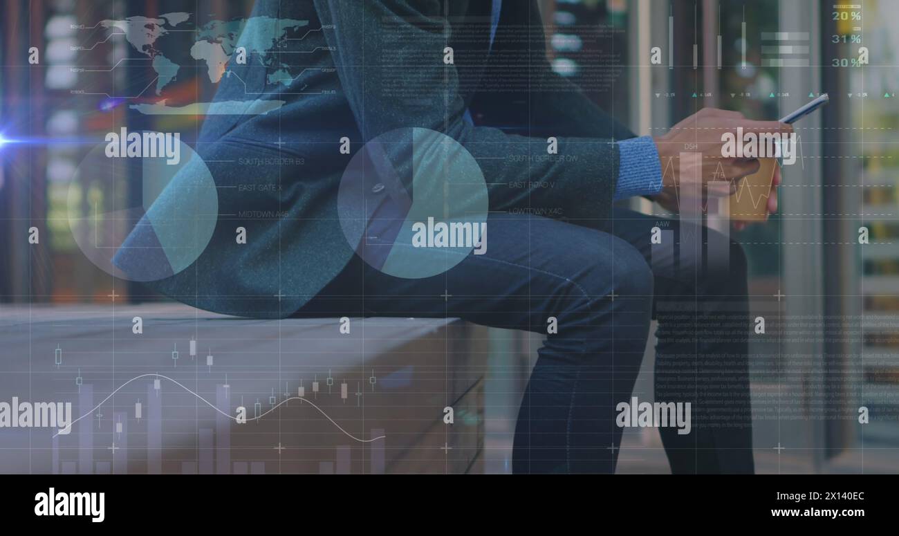 Image of graphs over midsection of caucasian businessman using smartphone Stock Photo