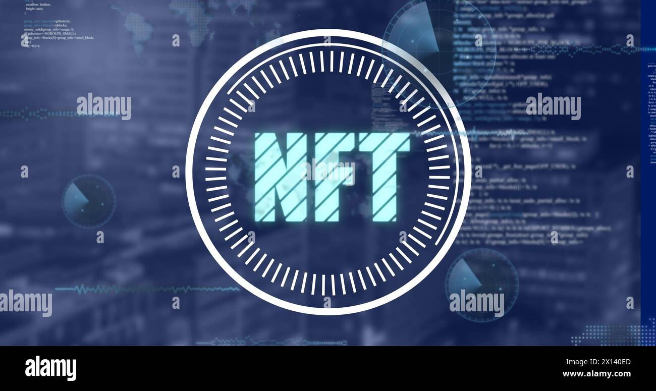 Image of data processing and nft text over blurred background Stock Photo