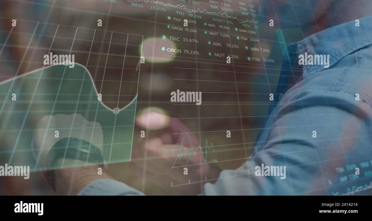 Image of data processing over caucasian man with smartwatch Stock Photo