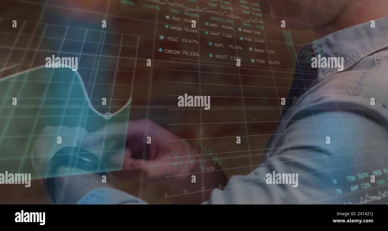 Image of data processing over caucasian man with smartwatch Stock Photo