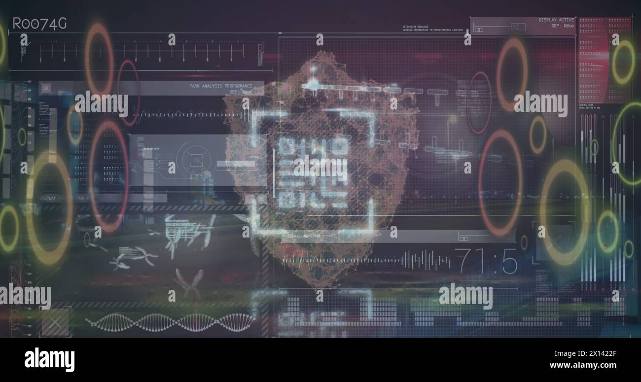 Image of data processing and digital human brain over black background Stock Photo