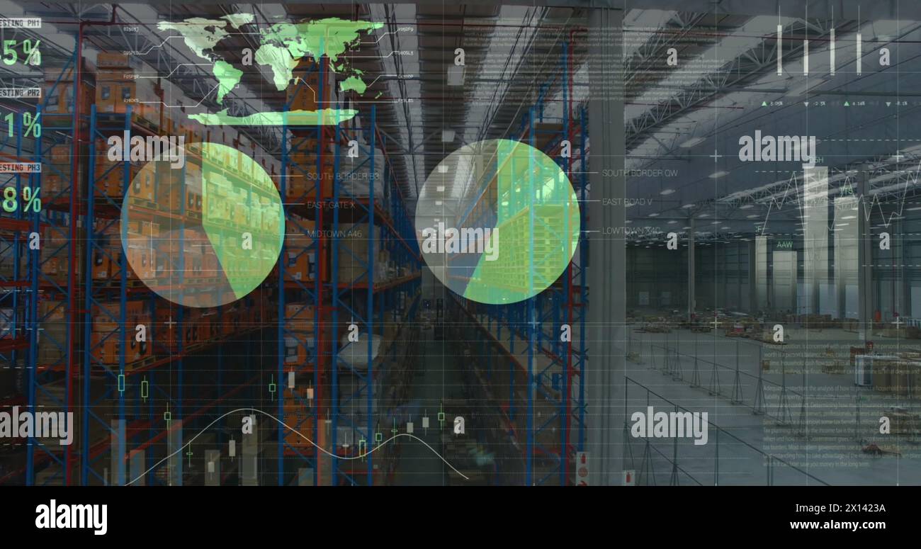 Image of financial graphs and data over warehouse Stock Photo