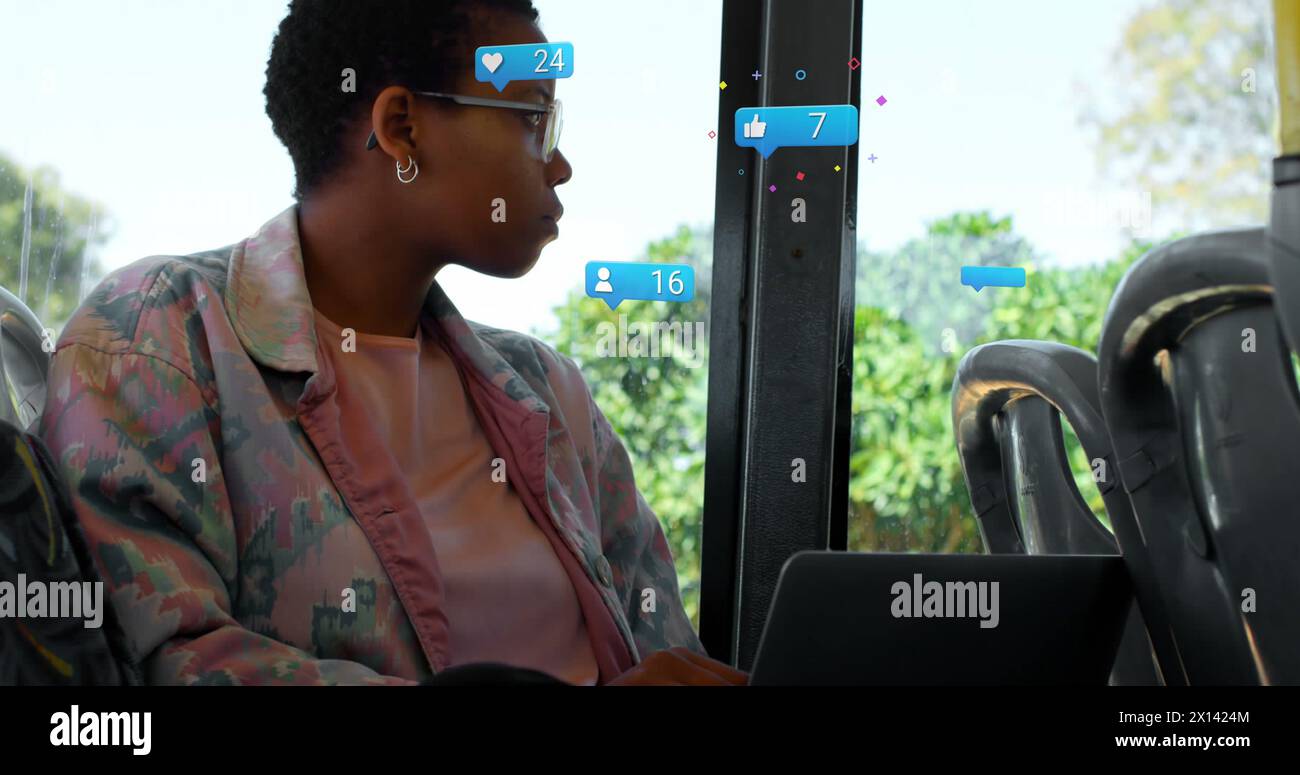 Speech bubble with increasing numbers against african american woman sitting in the bus Stock Photo