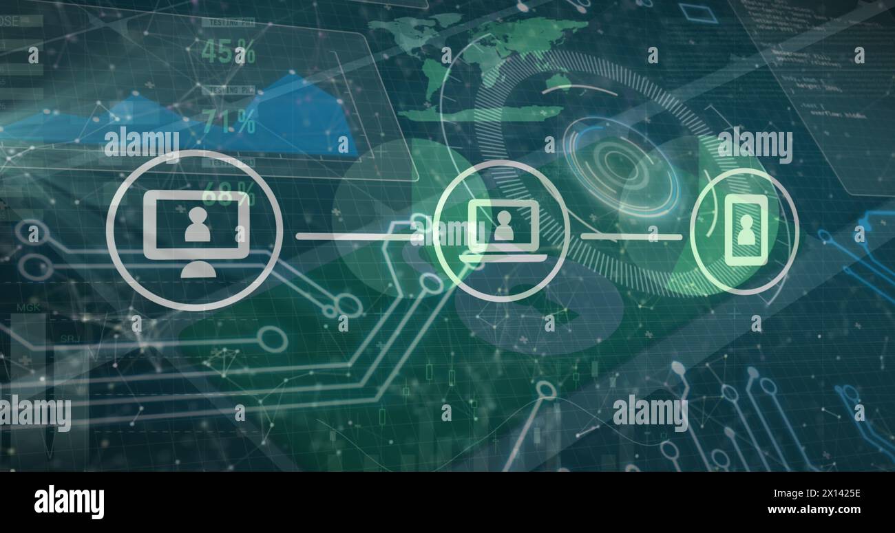 Image of financial data and graphs on digital screen and technology icons Stock Photo