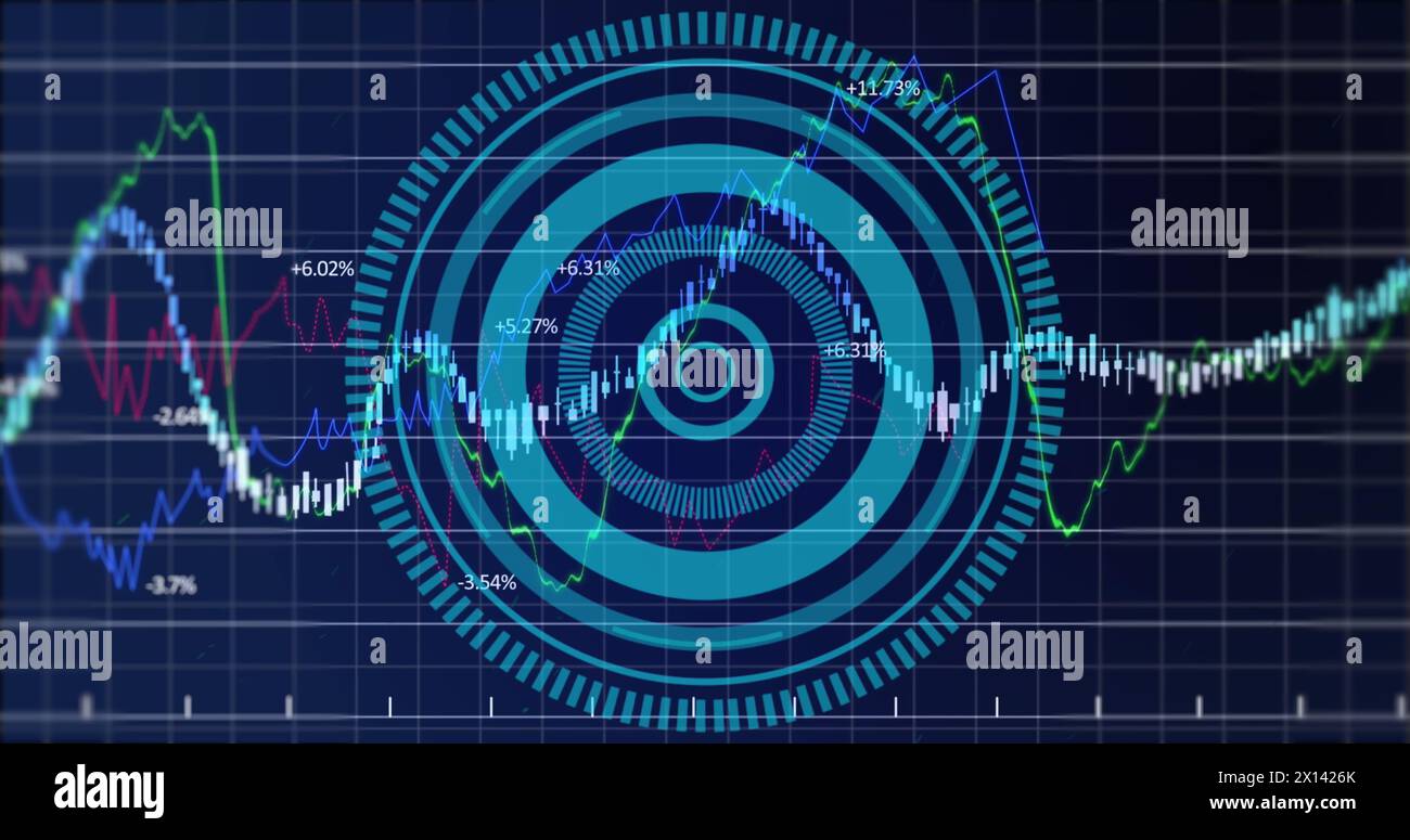 Image of financial graphs and processing circle on navy background Stock Photo