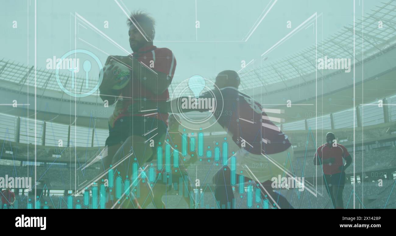 Image of data processing and icons over diverse rugby players at ...