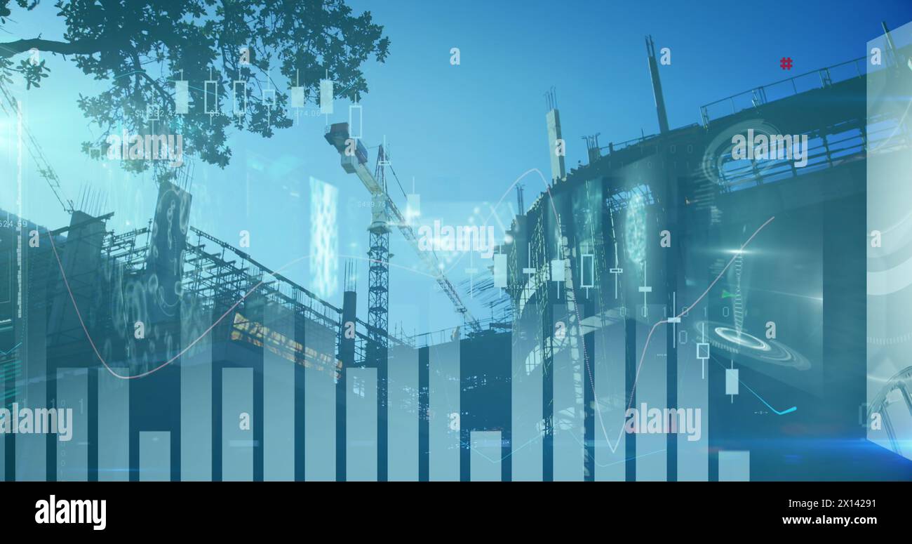 Digital image of moving graphs, coding and binary data, dna helix over construction site Stock Photo