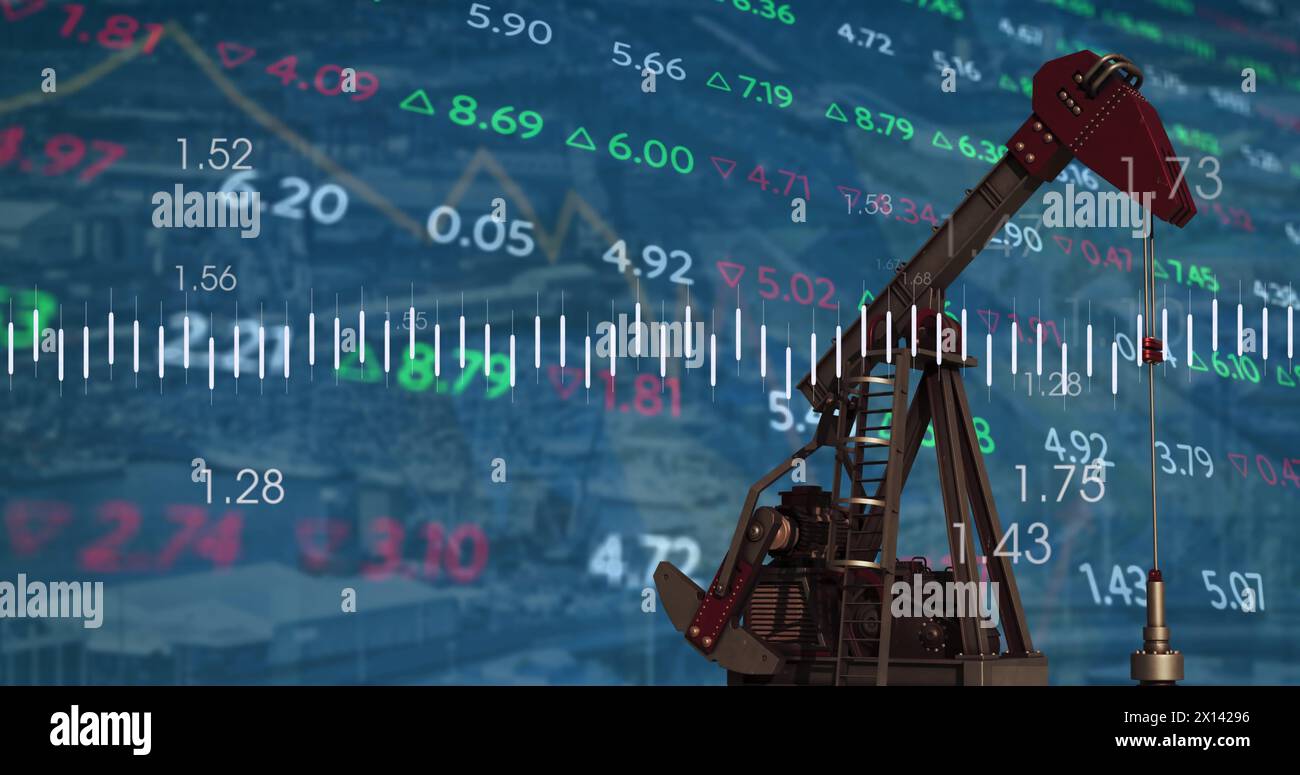 Image of financial graphs over refinery pump Stock Photo