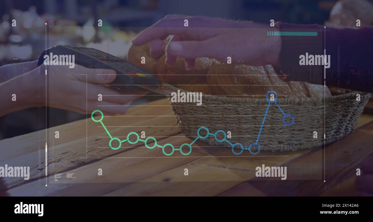 Image of data processing with graph over diverse people paying with credit card Stock Photo