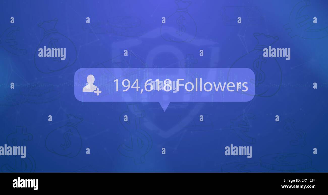 Image of social media followers notification over padlock and money bags on blue background Stock Photo