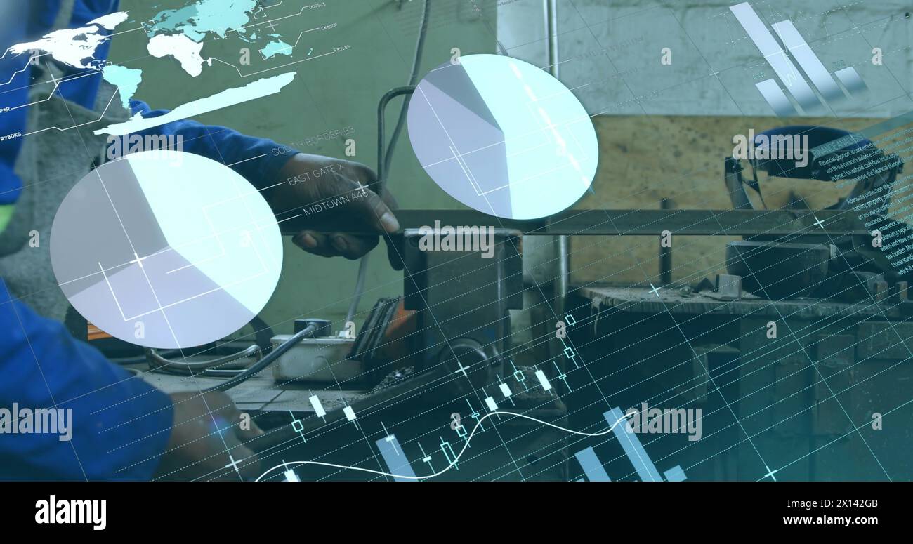 Image of statistics and data processing over african american man using machinery in factory Stock Photo