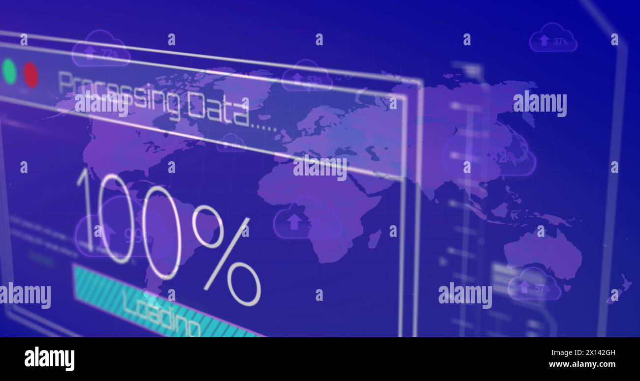 Image of data processing screen over world map on blue background Stock ...