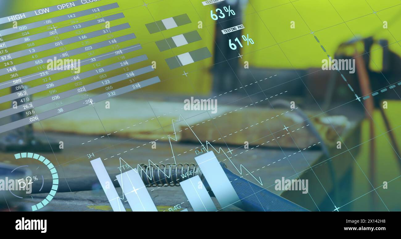 Image of statistics and data processing over machinery in factory Stock Photo