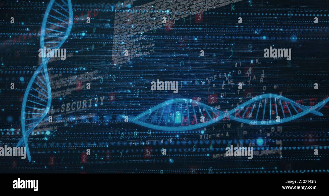 Image of dna strands with data processing. Global science, data ...