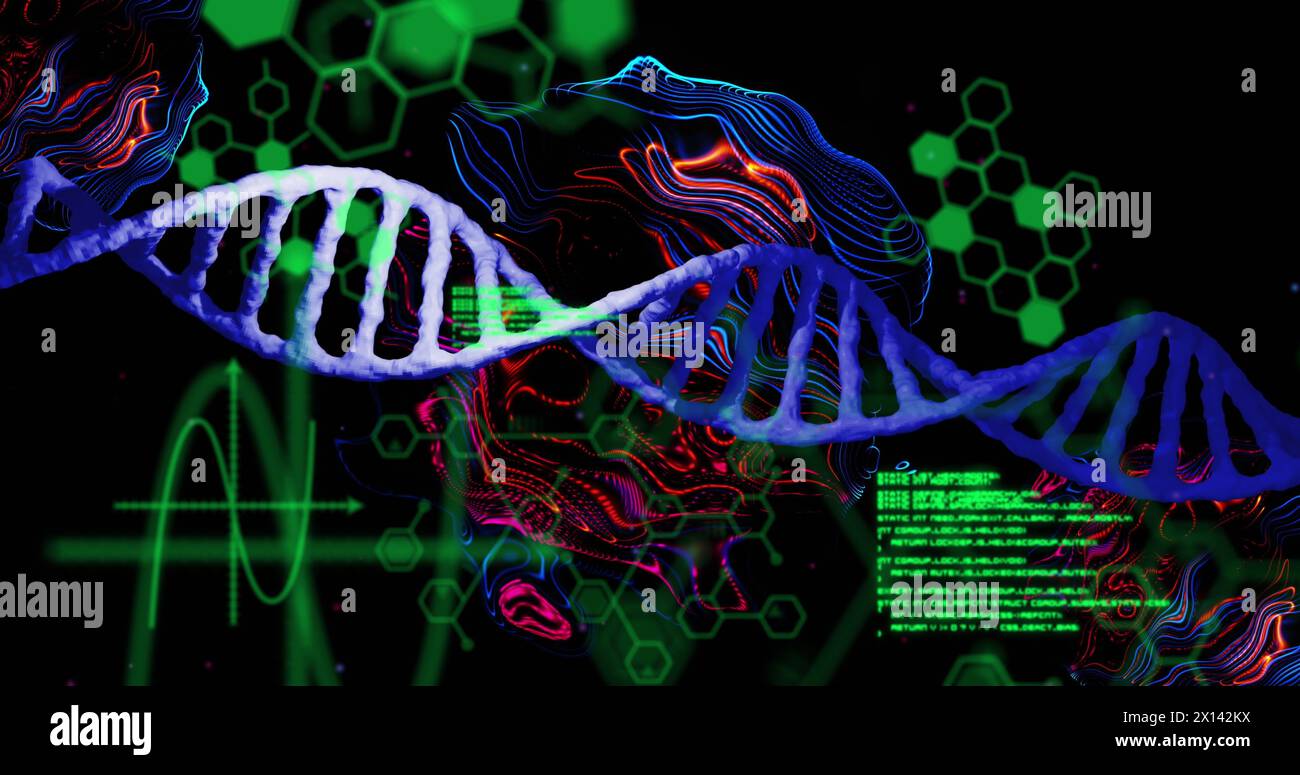 Image of dna strands with data processing over chemical structures Stock Photo