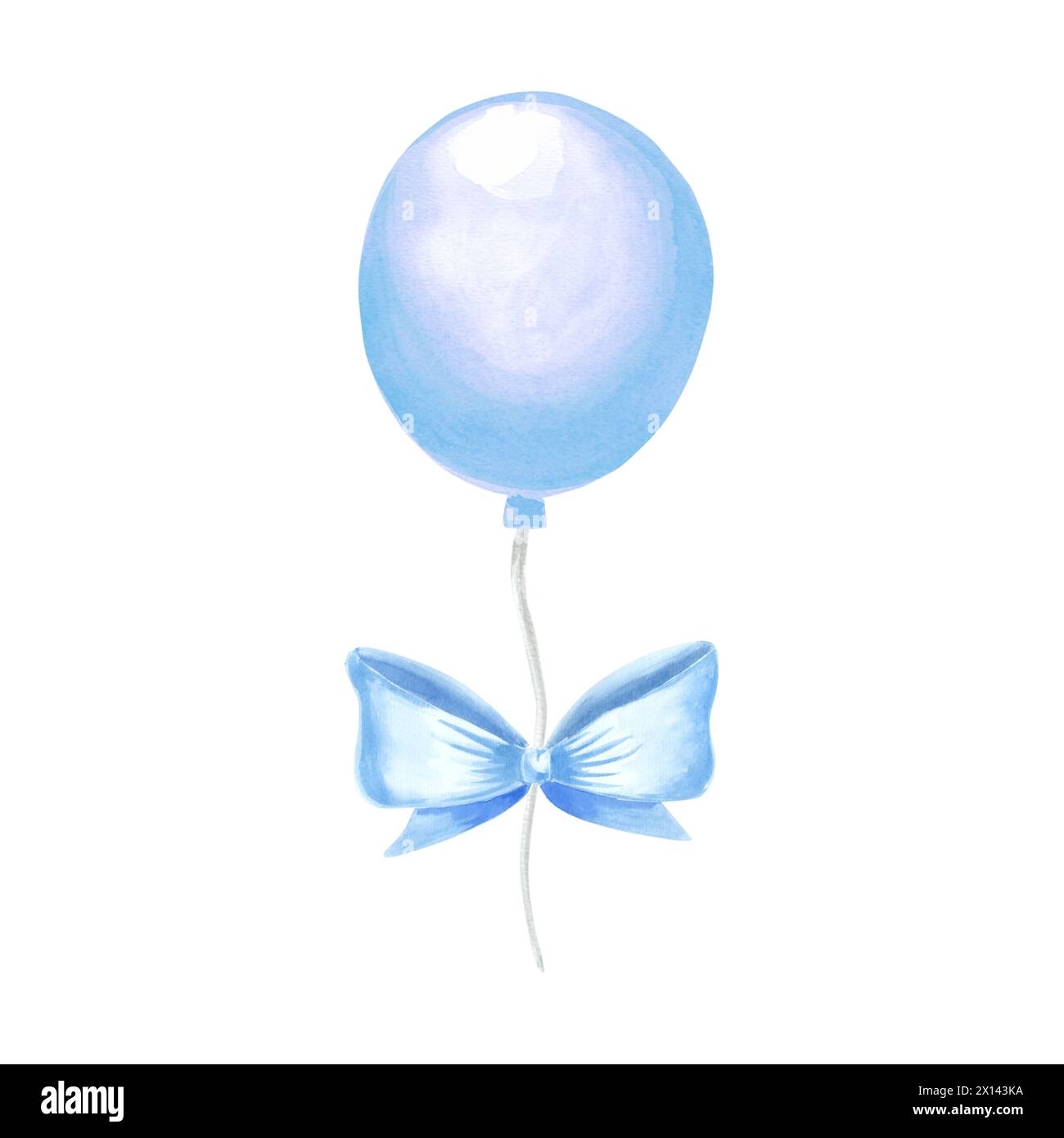 Helium balloon with bow blue. Watercolor hand drawn illustration. Template of festive accessories for birthday and kids party decoration. Isolated cli Stock Photo