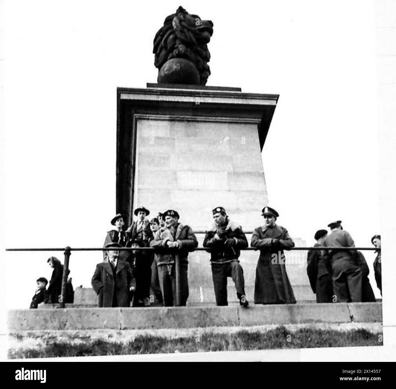 Field Marshal Montgomery observes the Waterloo battlefield from the top of the monument, examining the terrain of the historic battle, recorded by the British Army. Stock Photo
