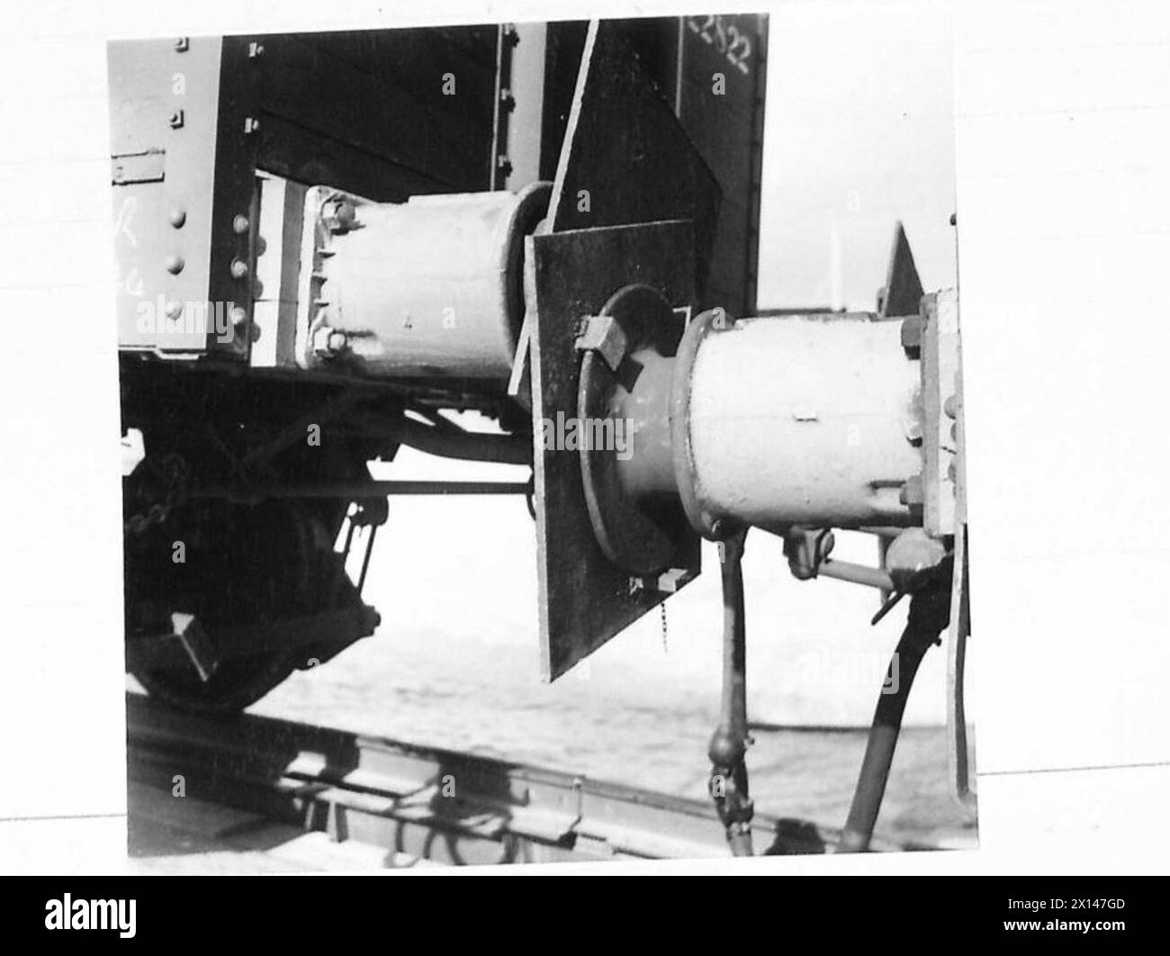 PHOTOGRAPHS OF PREFABRICATED PORT, ETC. - View showing the use of 'buffer shrouds' in landing rolling stock British Army, 21st Army Group Stock Photo