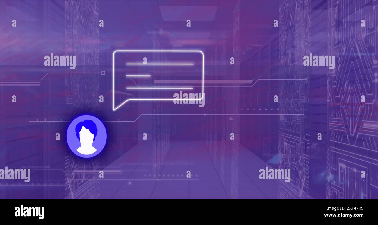 Image of icon with speech bubble and data processing over server room ...